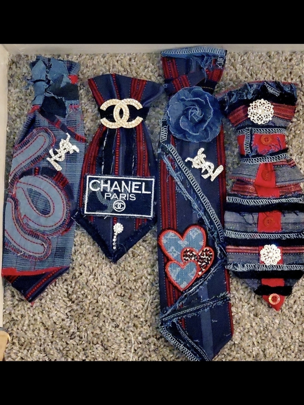 Custom Ties Navy & Red Embellished Denim Ties with Logo Accents